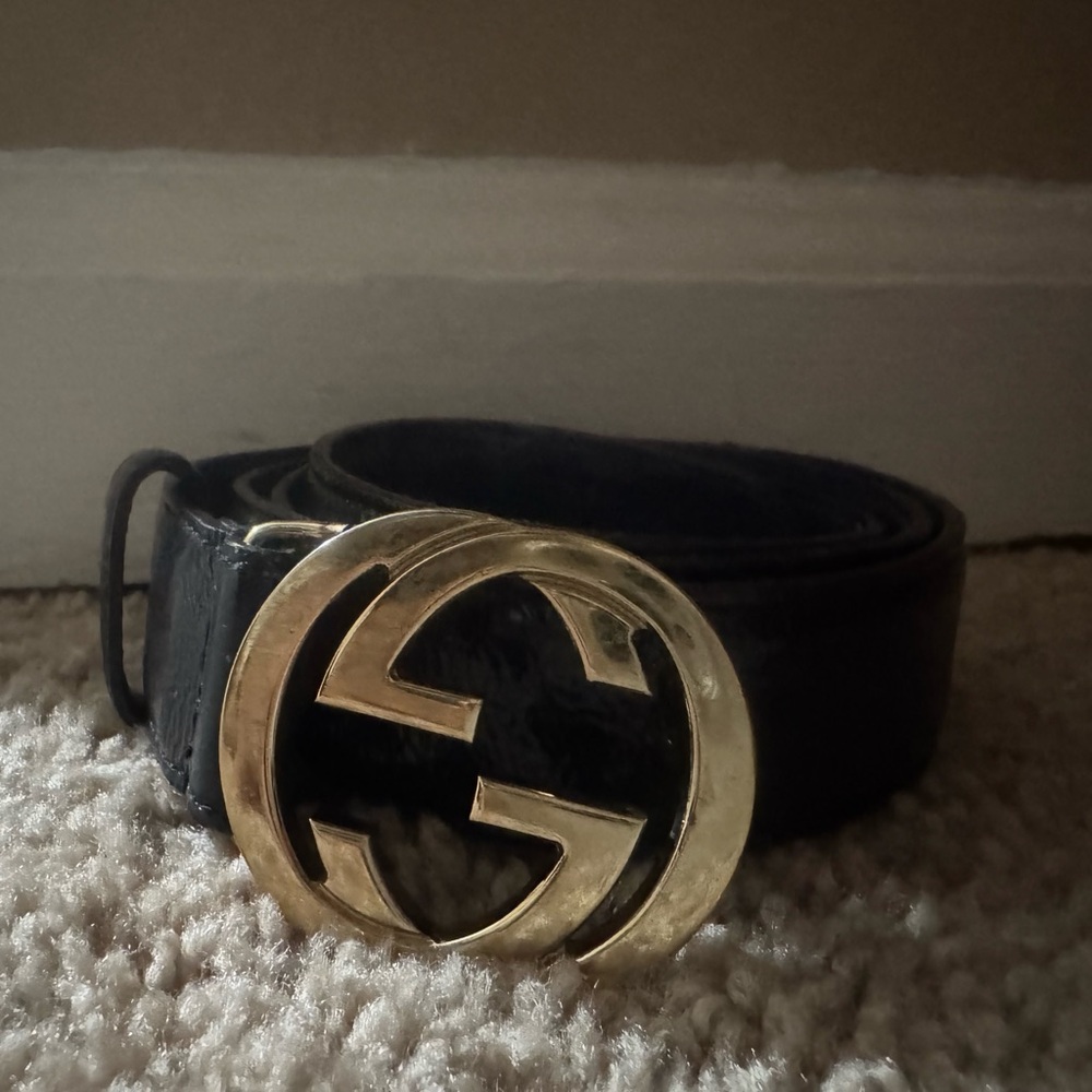 Gucci Black Leather Belt with Gold Logo Buckle